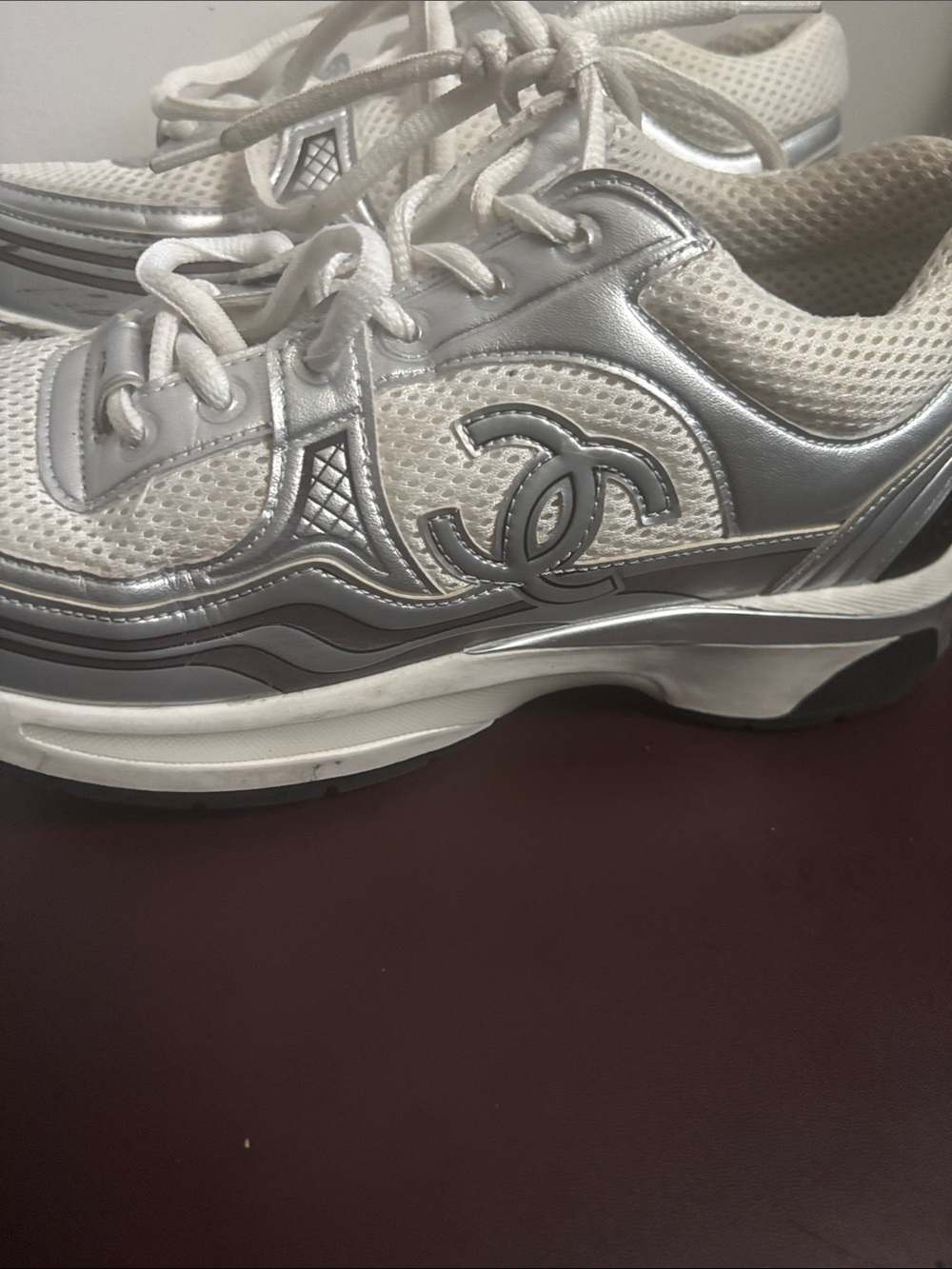 CHANEL White and Silver Mesh Platform Sneakers - Picture 4 of 6